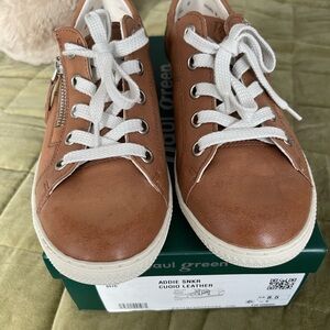 Paul Green Tan Leather Lace-Up Sneakers with White Soles
